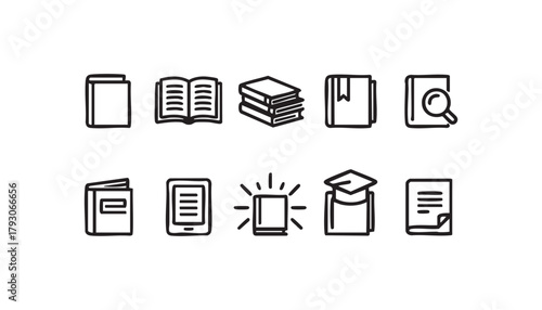 Books and education icons set — outline vector, closed book, stack, bookmark, search, notebook, ebook, grad cap, document, minimal line pack