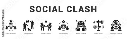 Social Clash Modern and clean web banner illustration featuring thematic icons for visual communication
