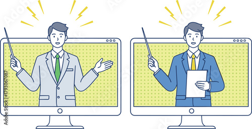 Illustration of online presenters appearing on computer screens giving virtual explanations with pointers, perfect for webinars, e-learning, training sessions, and digital communication designs.