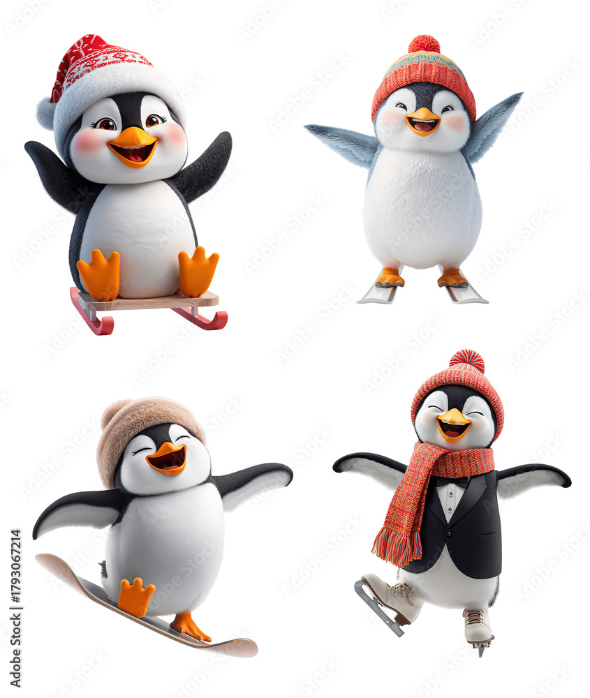 Fototapeta premium A cheerful playful cartoon penguin in a hat on skates and a sled in a funny pose