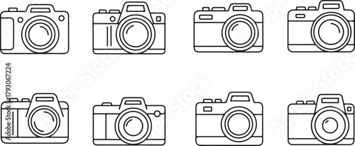 Black and white line art icons of cameras photography