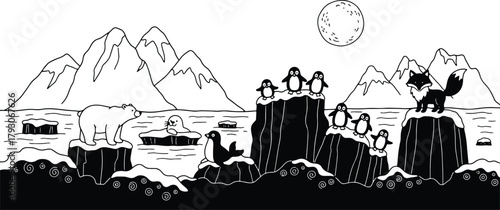 Arctic animal illustration with mountains full moon polar bear penguins