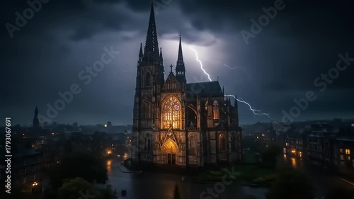 Dramatic Lightning Strikes Over Magnificent Cathedral in an Urban Landscape at Night