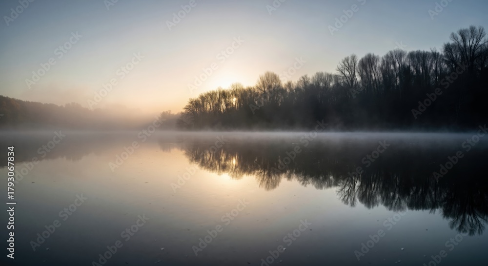 Fototapeta premium Misty sunrise over a still lake with tree silhouettes. Foggy morning with perfect reflections in the water. Atmospheric nature landscape background
