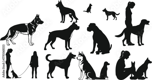 WebDog and owner silhouette collection vector illustration, pet walking and training design, human and dog relationship art, black animal shapes isolated graphics