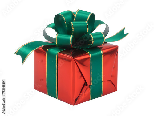 Festive red gift box with a large green ribbon and bow isolated on transparent background