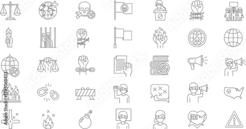 Outlined Icon Set of Social Justice, Human Rights, Linear Art on Transparent