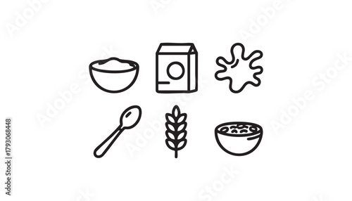 Breakfast cereal icons set — outline vector , bowl, milk carton, splash, spoon, wheat; minimal black line food symbols for web, app, packaging