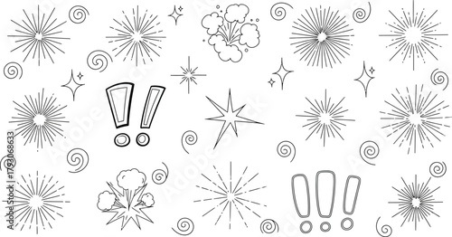 Outlined Sparkles, Explosions, Starbursts, Exclamation Marks on Transparent Background