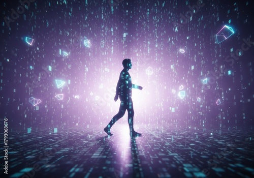A person walking through a glowing digital mist