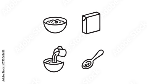 Breakfast cereal icons set — outline vector bowl, cereal box, milk pouring, spoon , minimal black line food symbols for packaging, web and app