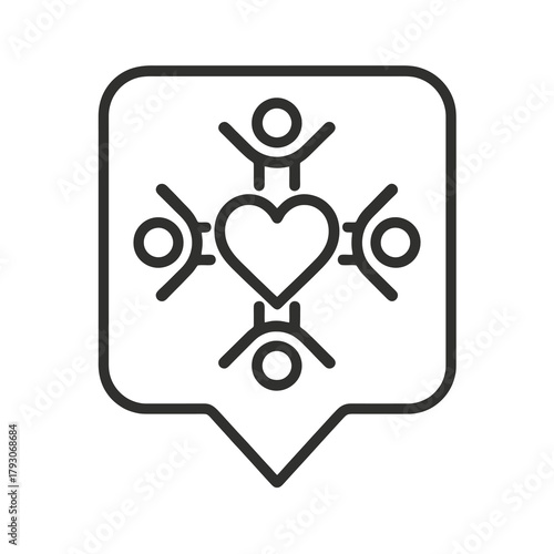 Minimalist unity group icon in a square location marker, black outline vector for humanitarian help, teamwork, and volunteer design.
