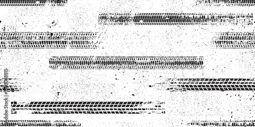Tire track seamless pattern. Grange tread marks .Grunge textured vector car tread . Car trails endless pattern texture. Tyre track seamless texture. Wheel tire tread track background