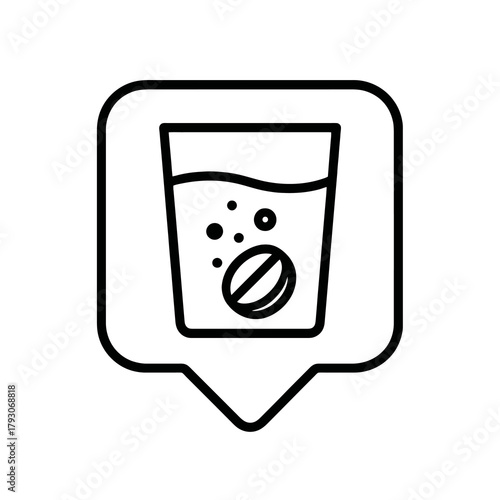 Thin line dissolving vitamin glass icon inside square pin, black vector symbol representing effervescent tablets, supplements, and hydration.