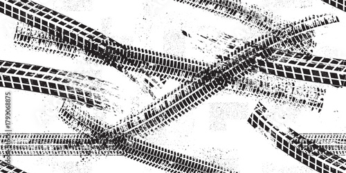 Tire track seamless pattern. Grange tread marks .Grunge textured vector car tread . Car trails endless pattern texture. Tyre track seamless texture. Wheel tire tread track background