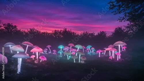 Dreamy mushroom forest under a vibrant sunset with glowing fungi and magical landscape