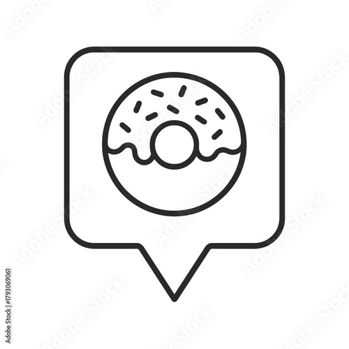 Minimalist donut icon in a square location marker, black outline vector for cafes, fast food, and confectionery menus.