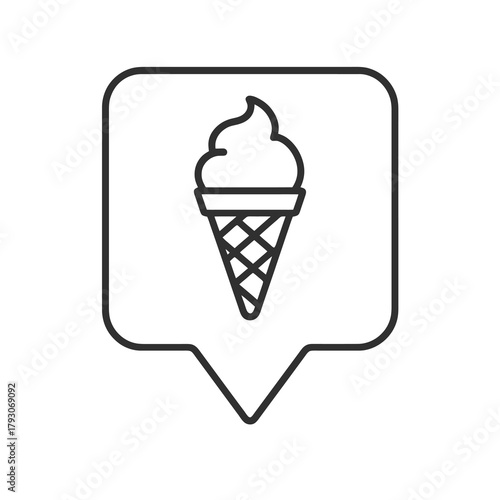 Thin line ice cream cone icon inside square pin, black vector symbol representing desserts, frozen snacks, and sweet treats.