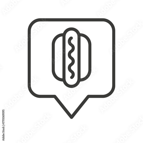 Minimalist sausage in bun icon in a square location marker, black outline vector for diner menus, snack bars, and food delivery.
