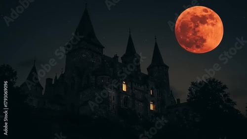 Eerie blood moon rising over a gothic castle on a dark night backdrop