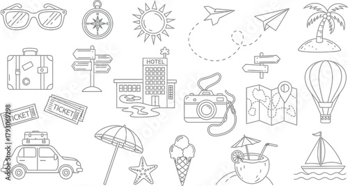 Outlined Travel Icons Vacation, Summer, Holiday, Tourism, Trip and Adventure Line