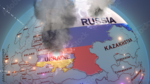 A digital 3D map showing Russia and Ukraine with explosion and smoke effects, symbolizing conflict, in a futuristic globe style. Russo-Ukrainian war, Russia-Ukraine war

