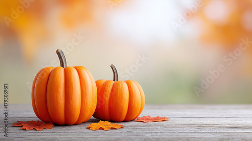 Autumn pumpkins on wooden surface with colorful fall leaves and soft blurred background creating warm holiday mood