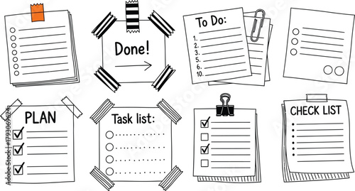 Paper Notes with Task List, Done Label and Checklists on Transparent Background