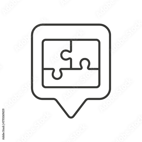 Thin line puzzle connection icon inside square pin, black vector representing teamwork, integration, and system compatibility.