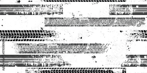 Tire track seamless pattern. Grange tread marks .Grunge textured vector car tread . Car trails endless pattern texture. Tyre track seamless texture. Wheel tire tread track background