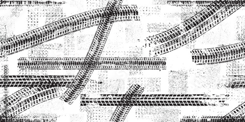 Tire track seamless pattern. Grange tread marks .Grunge textured vector car tread . Car trails endless pattern texture. Tyre track seamless texture. Wheel tire tread track background