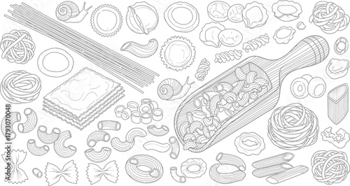 Pasta Line Art Background Variety Noodles, Spaghetti, Ravioli, Farfalle, Shells