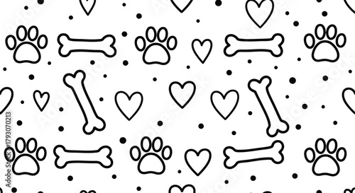 Paw Print, Bones, Heart Pattern on White Background, Line Art Style, Dog Lover Theme