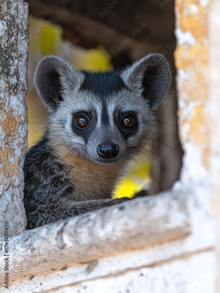 Obraz premium Cute gray mongoose lemur peers from window, soft light, focused gaze