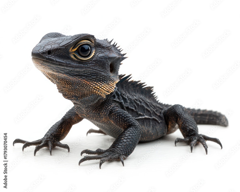 Obraz premium Dark lizard with textured scales, facing left, isolated against white