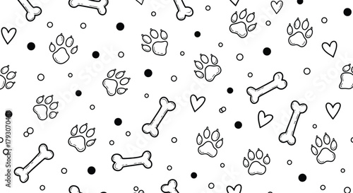 Paw Prints Bones Hearts Seamless Pattern. Black Outlines on White Background. Doodles