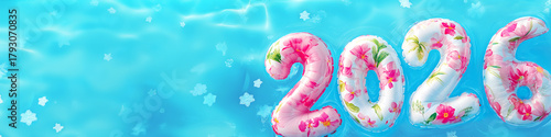 Banner New Year 2026 made with balloons decorated with pretty floral patterns on a blue swimming pool water background and some snow.. Copy text.