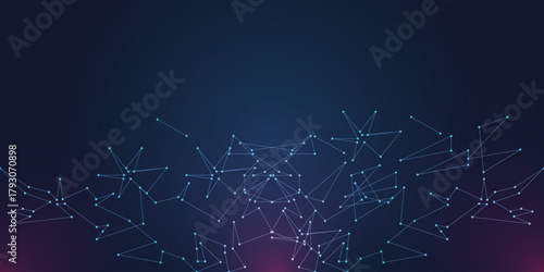 Dark blue gradient tech background with glowing nodes and connecting lines, low poly network mesh constellation at bottom, futuristic data AI communication banner,