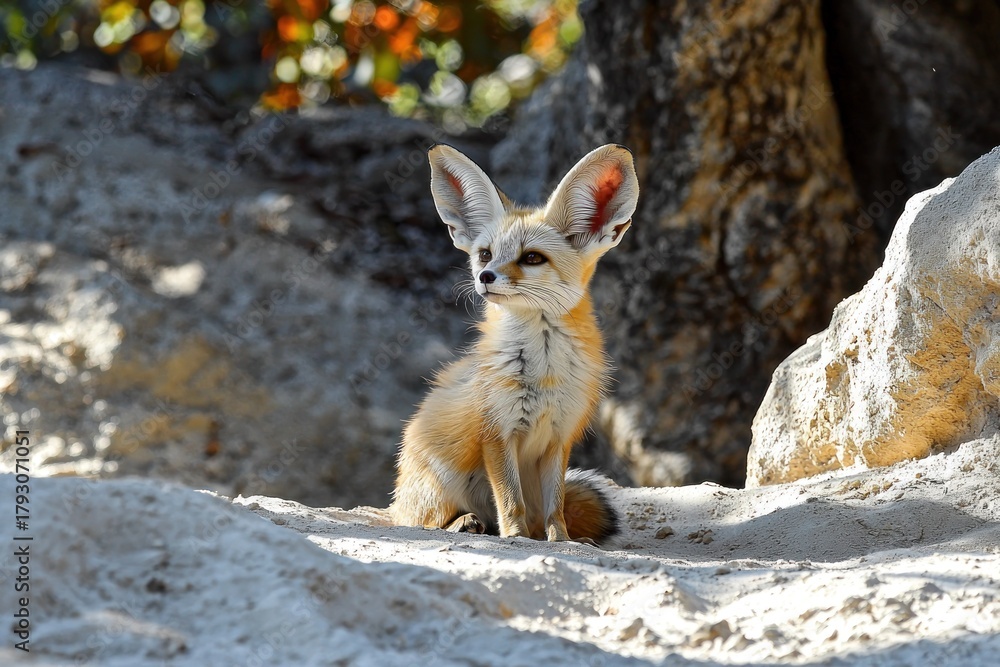 Obraz premium Fennec fox sits alert among light rocks; tree trunk blurry behind