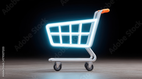Neon glowing shopping cart icon on dark background, symbolizing modern retail and online shopping with bright futuristic design