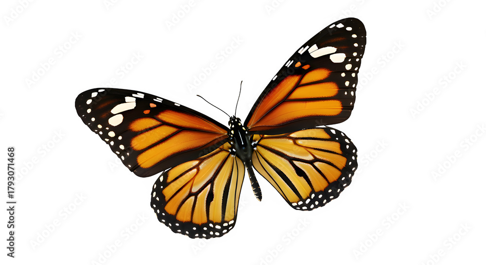 Fototapeta premium Vibrant monarch butterfly with orange wings and black veins isolated on black background