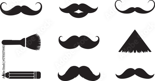 Black mustache brush pencil and triangle icons facial hair