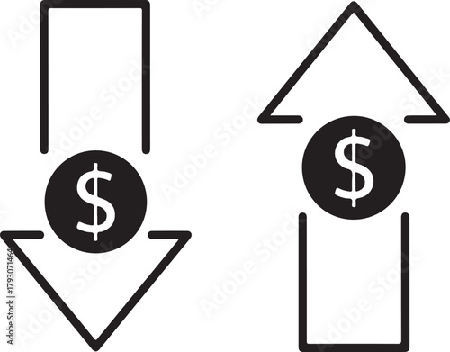 Black dollar coin icons with up and down arrows currency finance