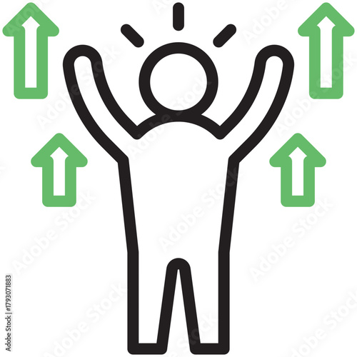 Embracing Growth and Expansion: A stylized illustration depicting a figure radiating positivity, surrounded by upward-pointing arrows, symbolizing progress, development, and a forward trajectory.