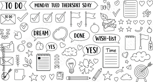 Planner Elements Set with Checklists, Speech Bubbles, Stationery in Doodle Style