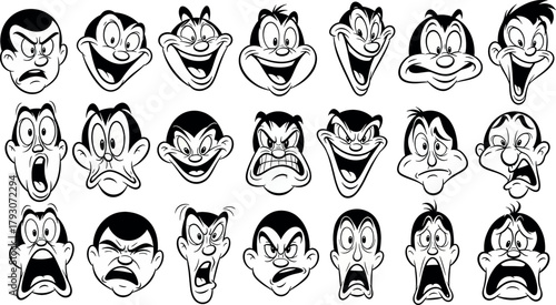 Collection of cartoon faces showing a wide range of emotions, including happiness, anger, sadness, surprise, and fear