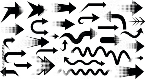 Collection of various black arrows pointing in different directions, isolated on a