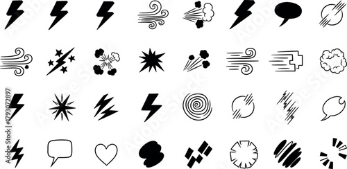 Collection of black handdrawn icons representing weather, speech, and abstract elements