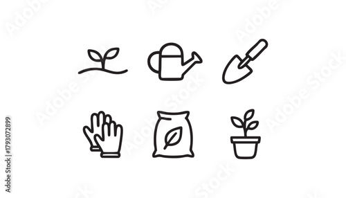 Gardening icons set – outline vector, seedling, watering can, trowel, gloves, fertilizer bag, potted plant , minimal black line symbols on white