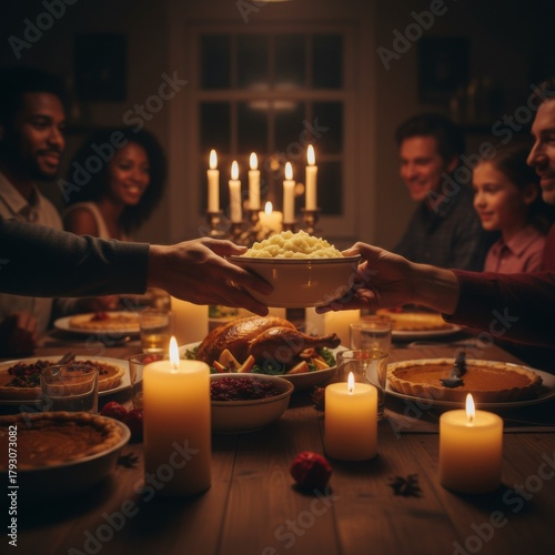 Photorealistic shot of a cozy, candlelit Thanksgiving table. A diverse family or friends share food, evoking a feeling of 